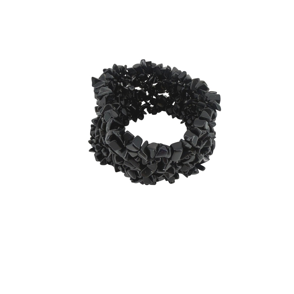 Black Stone Chip Chunky Stretch Bracelet Multi Strand Polished Irregular Nugget